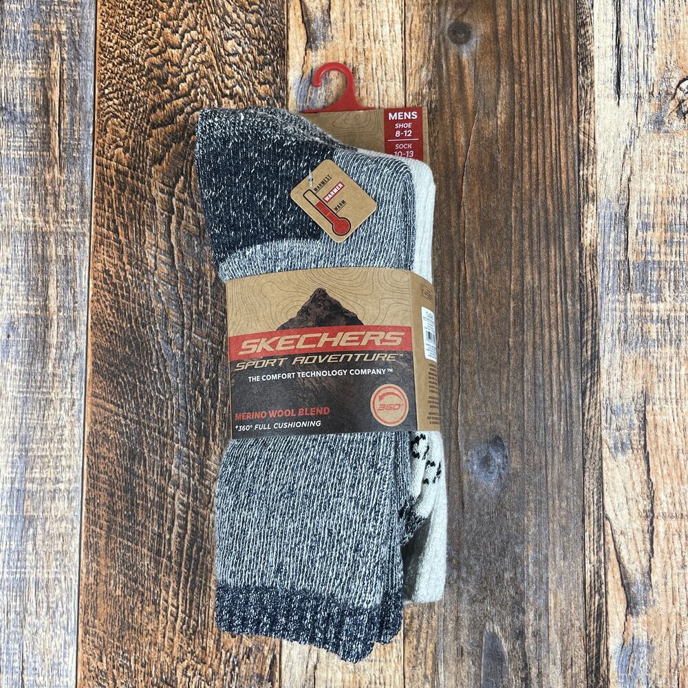 Skechers Mens 8-12 Gray White Sport Adventure Merino Wool Blend Hiking Socks 2pk